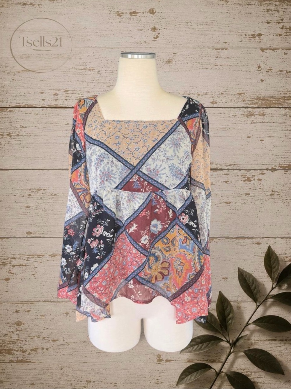 American Eagle Patchwork Floral Babydoll Blouse Square Neck w/ Tie Back - Size M